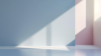 Minimalist pastel room with sunlight casting sharp shadows. Minimal modern design. Empty copy space. Generative AI