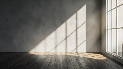 Obraz premium Minimalist beige room with sunlight casting sharp shadows. Minimal modern design. Empty copy space. Generative AI