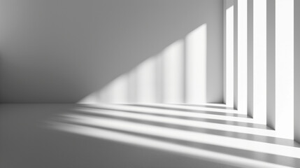Minimalist white room with sunlight casting sharp shadows. Minimal modern design. Empty copy space. Generative AI