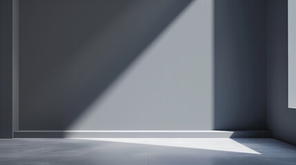 Minimalist gray room with sunlight casting sharp shadows. Minimal modern design. Empty copy space. Generative AI