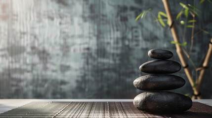 Zen stones stack in tranquil spa setting with natural light and indoor plants. Empty copy space for design. Generative AI