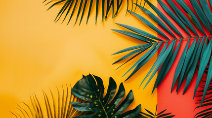 Obraz premium Trendy modern minimal copy space with tropical leaves on a vibrant geometric background of yellow, red. Background for design. Generative AI