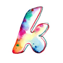 A small, vibrant rainbow watercolor letter "k" against a white backdrop, showcasing a spectrum of colors with artistic finesse and charm