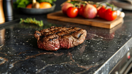 Grilled steak on kitchen countertop