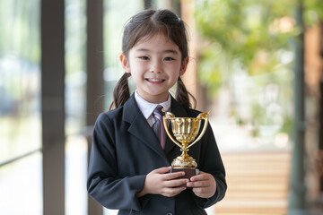 A smiling proud 5 year old Asian girl with her blue luxury business suit confidently displays her...
