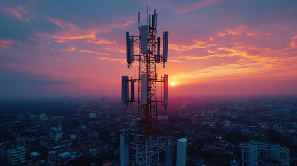Mobile Tower installation. Cell site and Telecom Base Station. 5G internet online generation. Health Hazards Caused By Mobile Tower Radiation. Telecommunications and Wireless network. Wifi antenna.