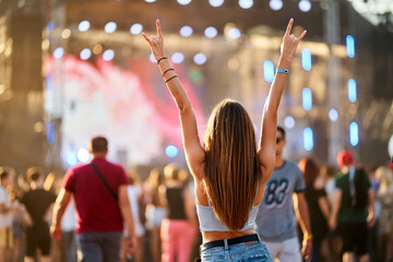 Carefree young woman enjoys summer music festival on beach, raises peace sign hands, celebrating with crowd. Sunset lights up stage, audience engrossed in concert. Casual, fun, youth lifestyle.