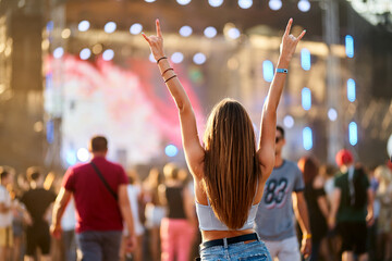 Carefree young woman enjoys summer music festival on beach, raises peace sign hands, celebrating...