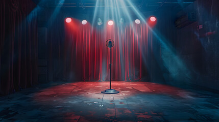 a stage with a red curtain as a background with a mic stand in the middle and spotlights for performing