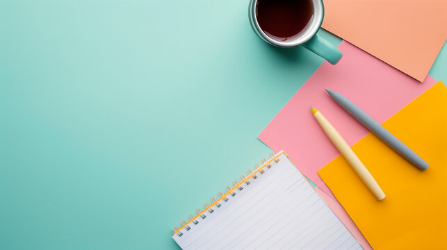Minimalist office desk setup with stationery on a teal background. Empty copy space for design. Generative AI
