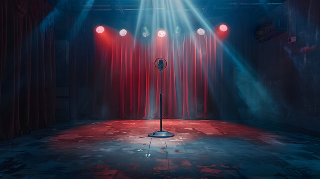 a stage with a red curtain as a background with a mic stand in the middle and spotlights for performing