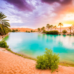 A tropical oasis with a turquoise lake surrounded by palm trees, against a colorful (sunset sky with dramatic clouds|A serene pond nestled in a lush jungle, with a turquoise surface reflecting the vib