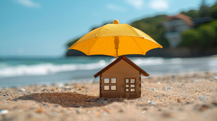 A miniature house under a yellow umbrella on the beach.
