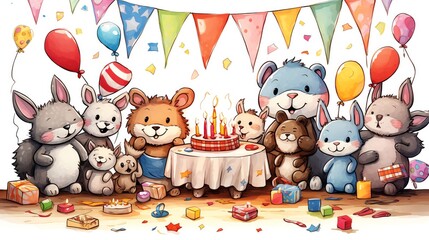 A group of cute animals are celebrating a birthday party. There is a cake, balloons, and presents. The animals are all wearing party hats and are having a great time.