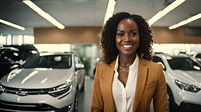 Automobilkauffrau steht im Verkaufsraum eines Autohauses und l&auml;chelt in die Kamera