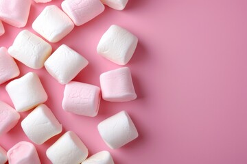 Marshmallows on pink background. Winter food concept.