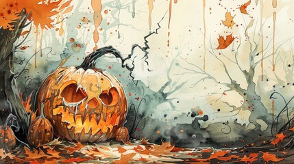 Capture the anticipation of carving pumpkins and creating intricate designsWater color,  hand drawing