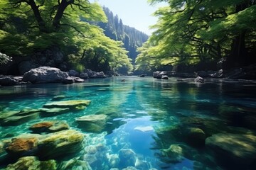 Japan landscape. Tranquil Forest River Landscape with Clear Blue Water and Lush Green Trees.