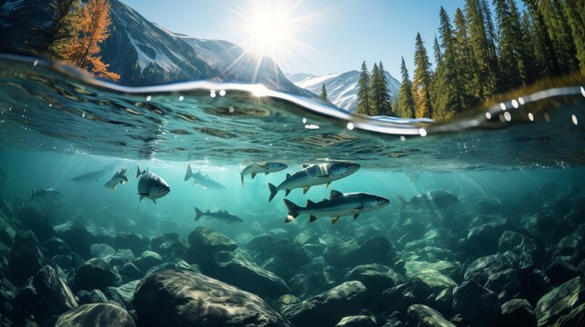 A group of salmon swim upstream in a crystal clear river