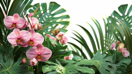 A lush green jungle with pink flowers in the foreground