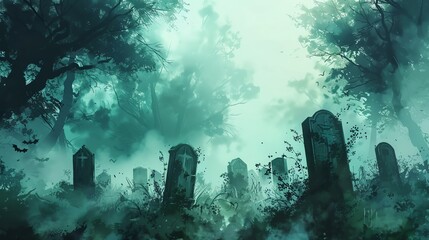 Imagine a scene of a foggy graveyard with tombstones shrouded in mistWater color,  hand drawing