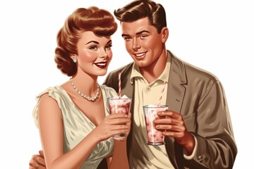 couple sharing a milkshake with two straws vintage illustration