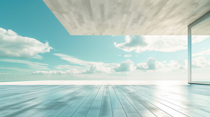Minimalist coastal architecture with expansive ocean view and clear blue sky. Generative AI