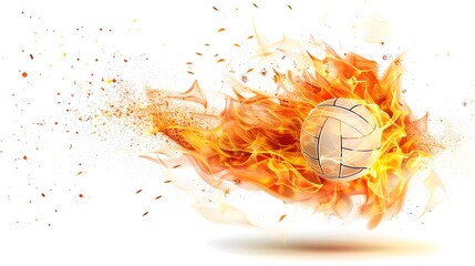 Flying volleyballl ball with fire flame trails, vector sport game background. sport ball flying in fire flames in white background, fireball burning in speed motion.