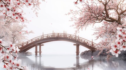 A bridge spans a river with cherry blossoms in the background