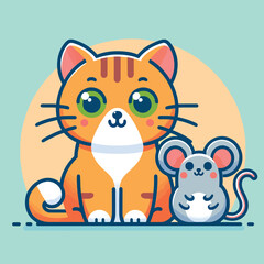 A cute cartoon of a cat and a mouse sitting together and smiling