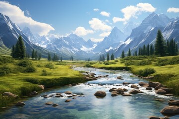 Kazakhstan landscape. Majestic Mountain Landscape with Serene River and Lush Green Meadows.