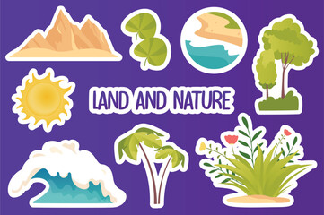 Set of stickers Land and nature in flat cartoon design. Beautiful lands and different elements of nature are depicted in this image and show all the beauty of our world. Vector illustration.