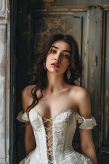Fototapeta premium Beautiful brunette with hairstyle wearing earrings in corset in vintage room