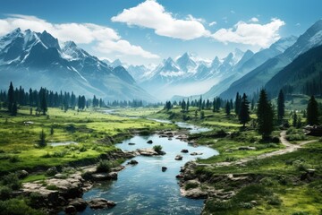 Obraz premium Kazakhstan landscape. Serene Mountain River Landscape with Snow-Capped Peaks and Lush Greenery.