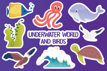 Set of stickers Underwater world and birds in flat cartoon design. The beauty and balance between the bird kingdom and the underwater world is depicted in this picture. Vector illustration.