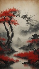 Immerse in classic artistry, a Chinese ink painting capturing red landscapes and trees on textured paper, evoking old-world Asian and Japanese aesthetics