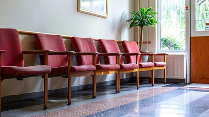 Modern medical facility with short wait times, empty waiting room chairs. Serene medical waiting area with empty chairs, promoting patient relaxation.