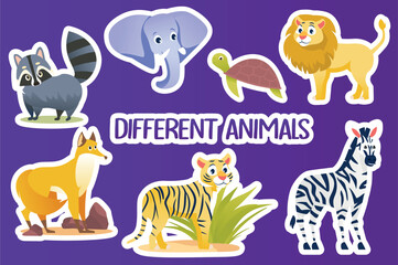 Set of stickers Different animals in flat cartoon design. This illustration depicts animals of different types: a raccoon, an elephant, a turtle, a lion, a fox, a tiger, a zebra. Vector illustration.