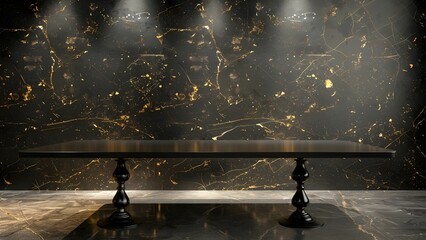 Elegant Industrial-style Black Table with Gold Marble Background and Cinematic Lighting. Concept...