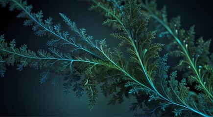 Obraz premium Abstract frosty fern-like plant branches with glowing blue and green gradient on dark background