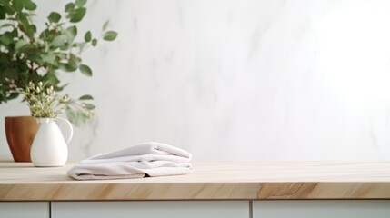 A minimalist composition with a neatly folded white t-shirt and a vase of eucalyptus on a wooden table. The clean design against a white wall background is perfect for showcasing home decor ideas.