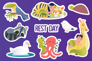 Set of stickers Rest day in flat cartoon design. In this illustration, cute animals and people are resting together enjoying the peace. Vector illustration.