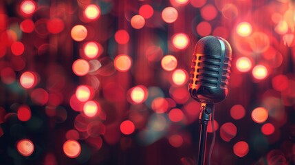 Karaoke invitation, open mic night flyer design, neon red light on blur background