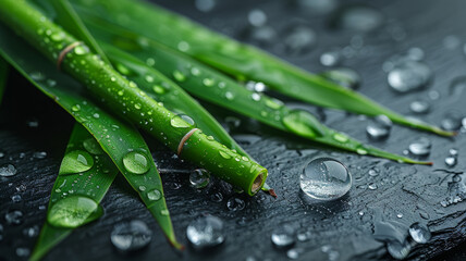 Fresh green bamboo leaves with water droplets