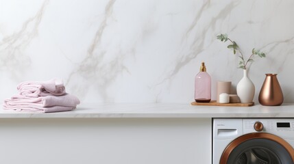 Neatly folded towels in soft shades of pink arranged elegantly on a luxurious marble countertop, creating a serene and inviting atmosphere, with a modern washing machine in the background