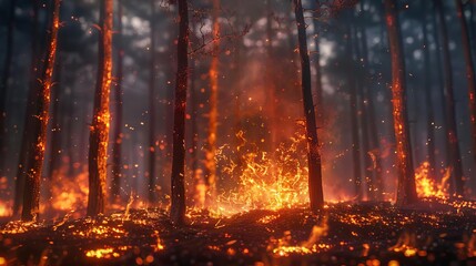 Digital forest on fire with a countdown timer, symbolizing the climate tipping point, highly detailed 3D render