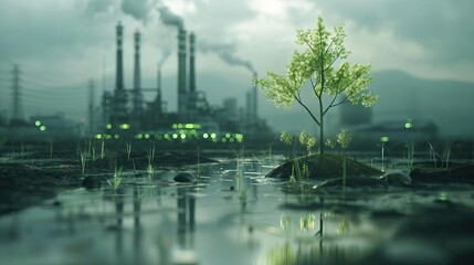 Obraz premium Digital countdown to carbon tax, 3D minimalist style, floating over an industrial landscape