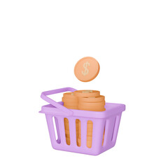 3d rendering of minimal shopping basket with coin icon. Three-dimensional illustration concept of online buy sell purchase market order