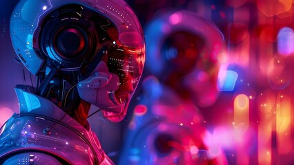 Futuristic art merging AI robotics and human augmentation in a cyberpunk world. Concept Futuristic Art, AI Robotics, Human Augmentation, Cyberpunk World, Creative Vision