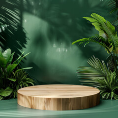 A minimalist green background and lush plants around the base of a wooden podium, creating a serene atmosphere for product display in a nature